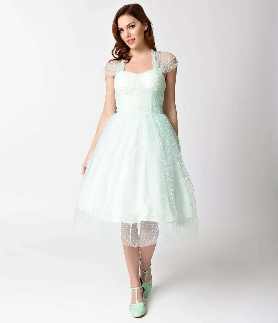 Unique Vintage Mint & White Swiss Dot Garden State Mesh Cocktail Dress sold by Unique Vintage