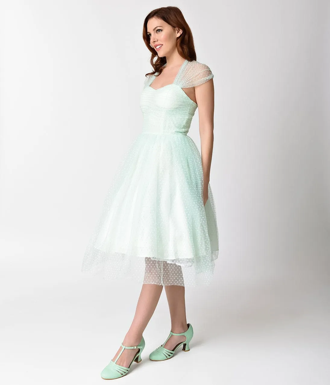 Unique Vintage Mint & White Swiss Dot Garden State Mesh Cocktail Dress sold by Unique Vintage product image thumbnail 5