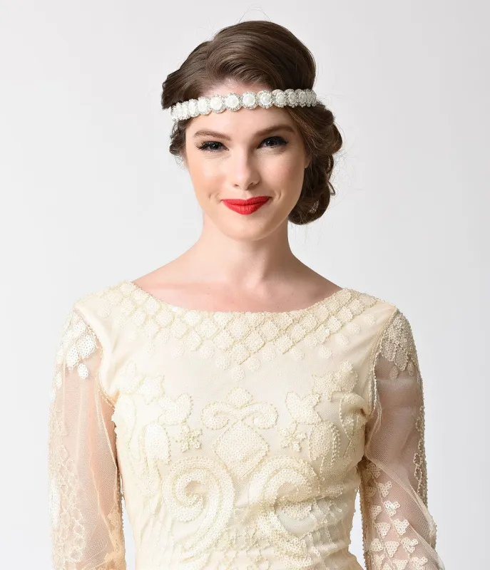 Unique Vintage 1920s Ivory Pearl & Rhinestone Flapper Headband sold by Unique Vintage