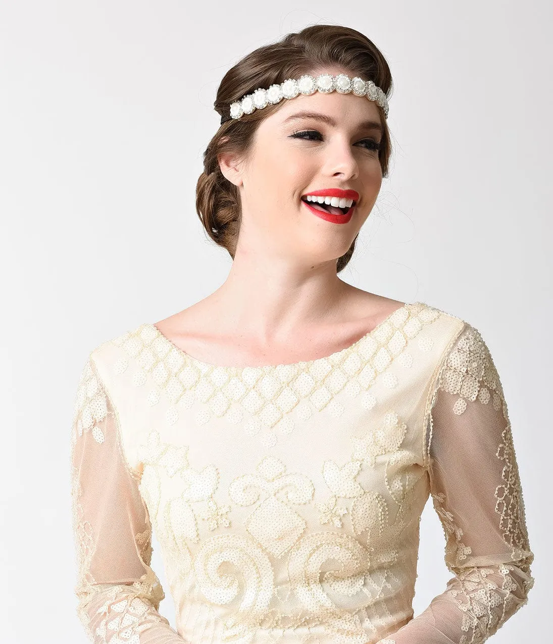 Unique Vintage 1920s Ivory Pearl & Rhinestone Flapper Headband sold by Unique Vintage product image thumbnail 2