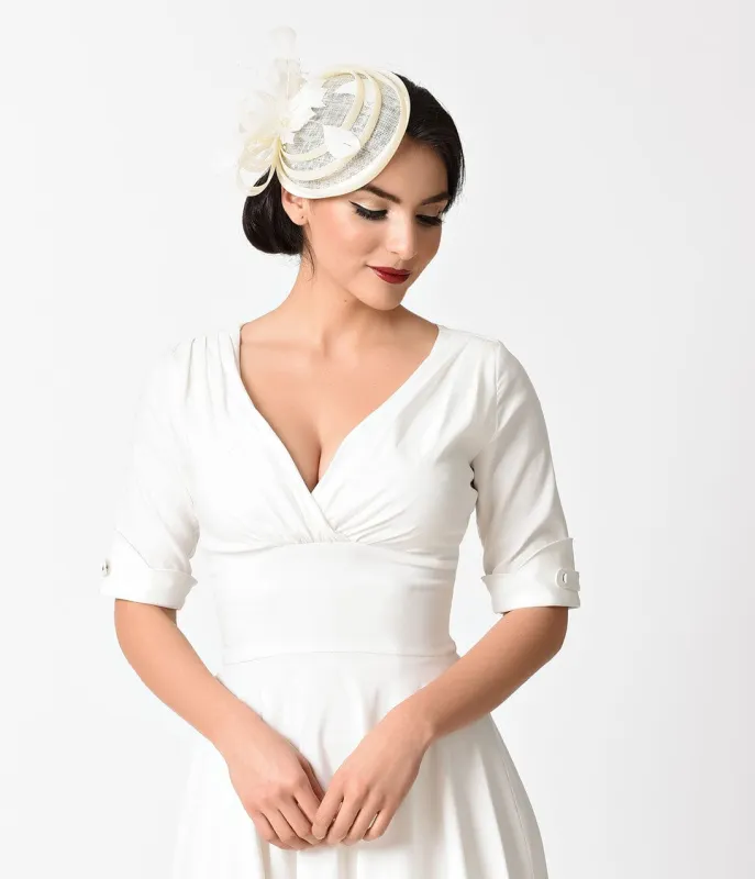 Unique Vintage Pearl Ivory Wicker & Feathers Round Fascinator sold by Unique Vintage