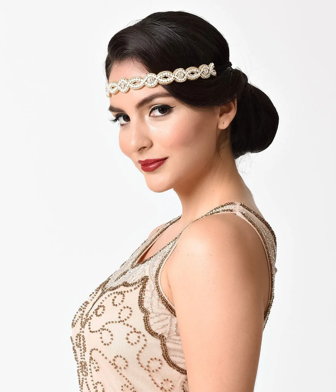 Unique Vintage Gold & Iridescent Beaded Rhinestone Headband sold by Unique Vintage product image thumbnail 2