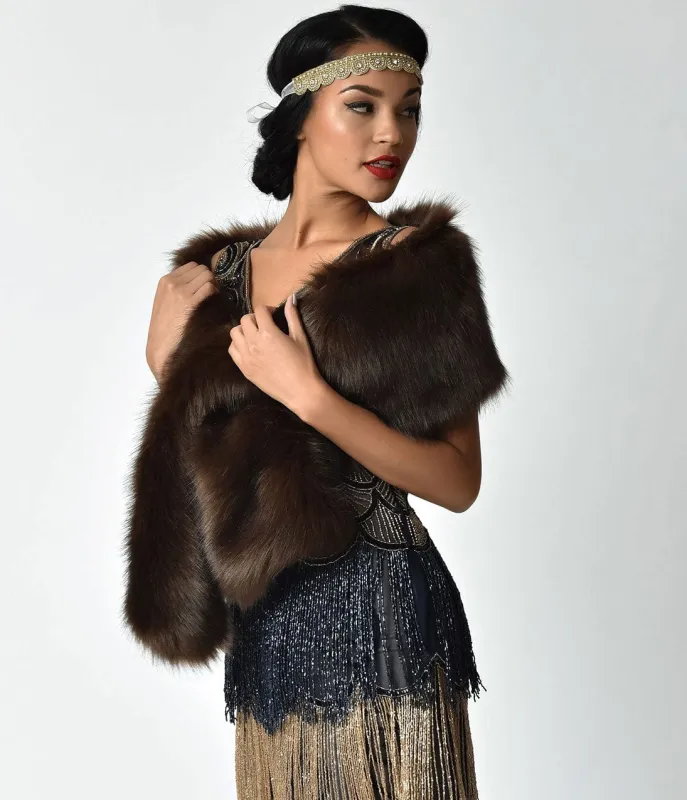 Unique Vintage Brown Faux Fur Stole made by Unique Vintage