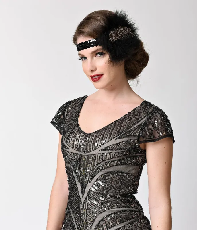 Unique Vintage 1920s Black Feather & Beaded Leaf Sequin Headband sold by Unique Vintage