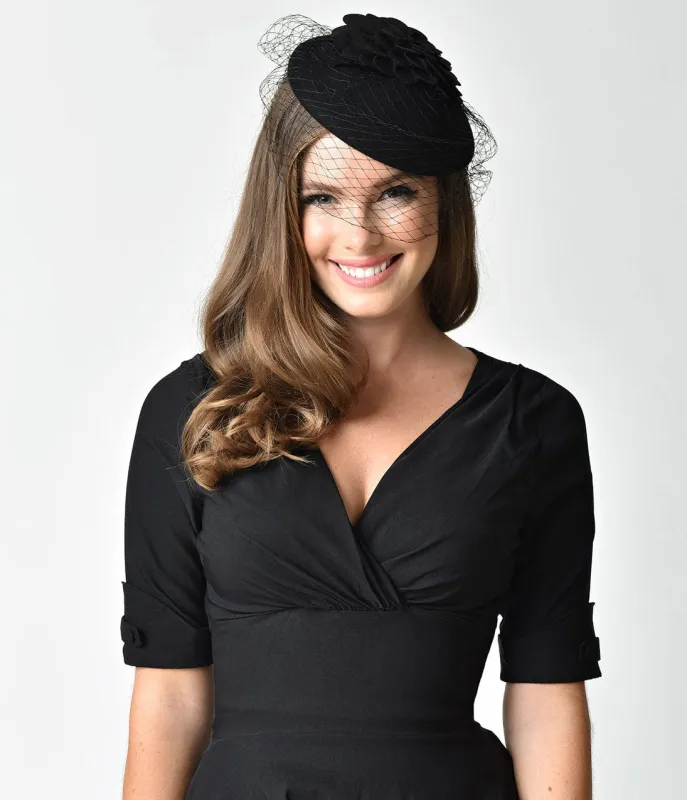 Unique Vintage Black Wool Floral Round Hat & Veil Fascinator sold by Unique Vintage
