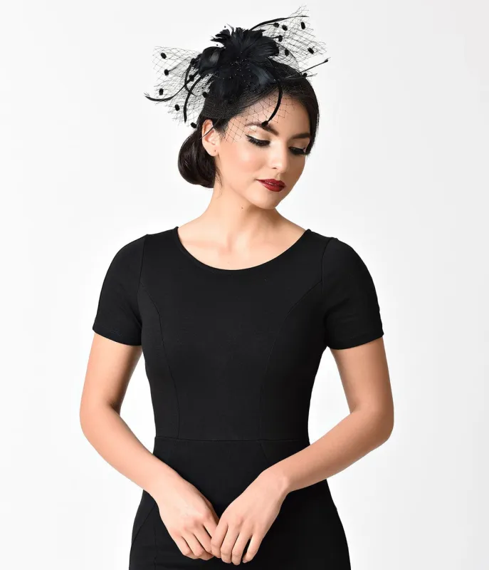 Unique Vintage Black Feather & Sinamay Netted Fascinator sold by Unique Vintage