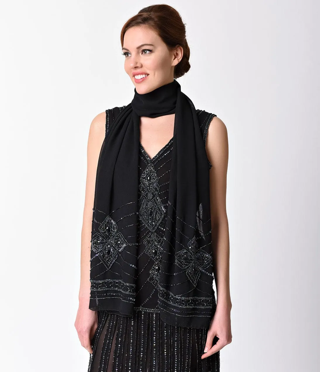 Unique Vintage Black Chiffon Iridescent Beaded Scarf sold by Unique Vintage