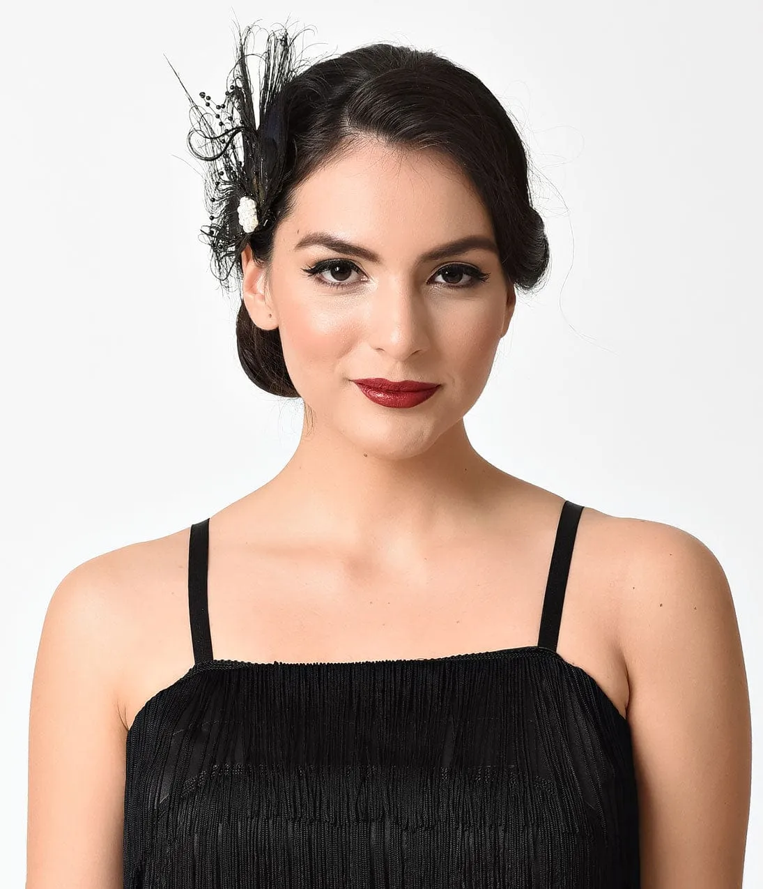 Unique Vintage 1920s Black Peacock Feather & Ivory Pearl Hair Clip sold by Unique Vintage product image thumbnail 2