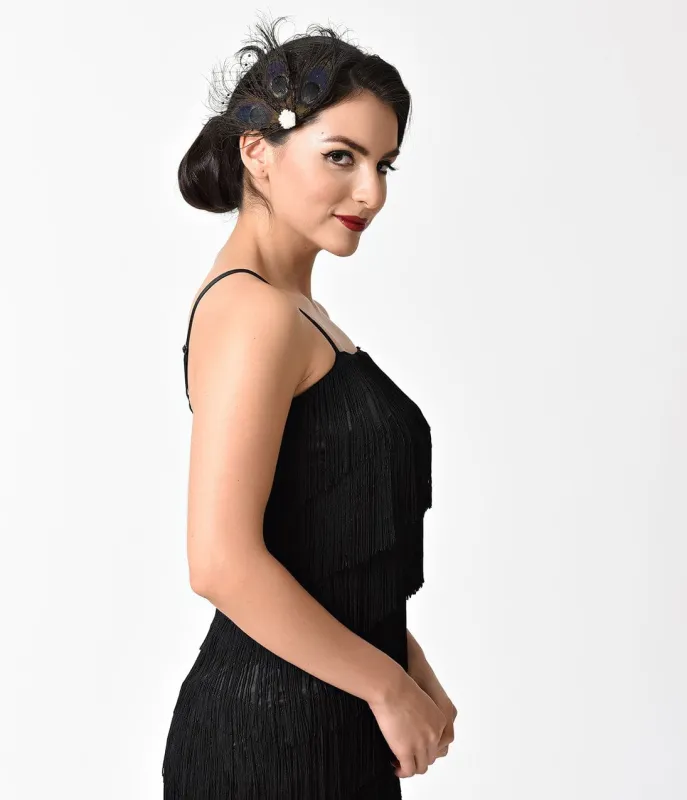 Unique Vintage 1920s Black Peacock Feather & Ivory Pearl Hair Clip sold by Unique Vintage