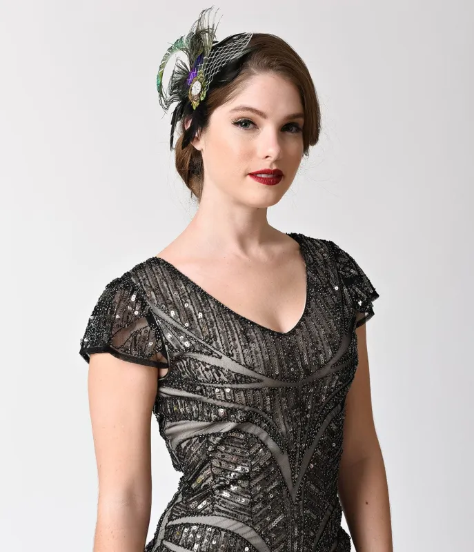 Unique Vintage 1920s Peacock & Black Feather Rhinestone Hair Clip sold by Unique Vintage