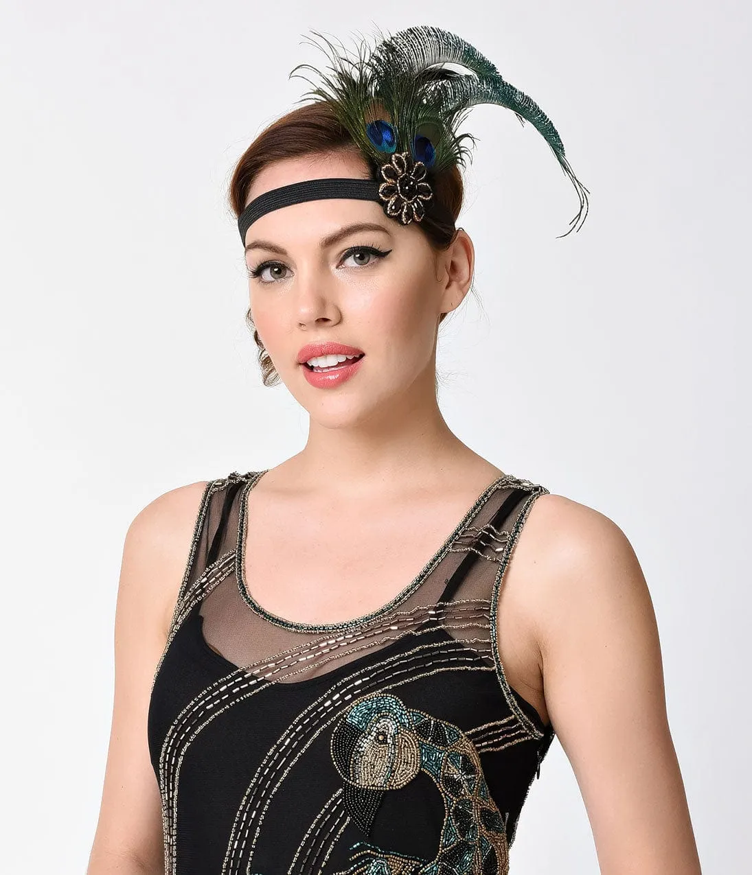 Unique Vintage Black Beaded & Peacock Feather Headband sold by Unique Vintage product image thumbnail 2