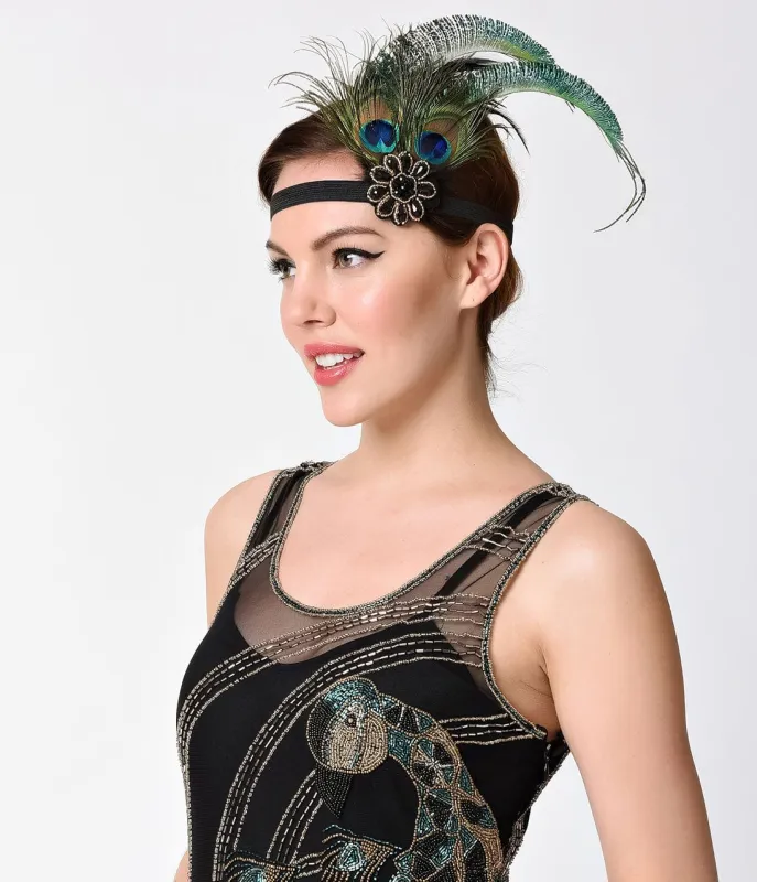 Unique Vintage Black Beaded & Peacock Feather Headband sold by Unique Vintage