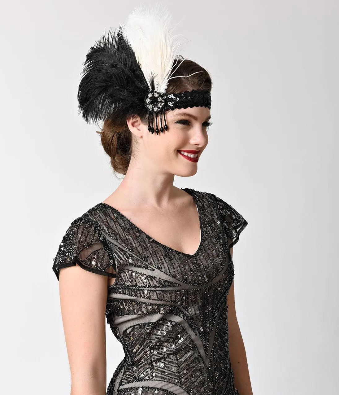 Unique Vintage 1920s Black Feather & Ivory Peacock Beaded Drop Headband sold by Unique Vintage product image thumbnail 2