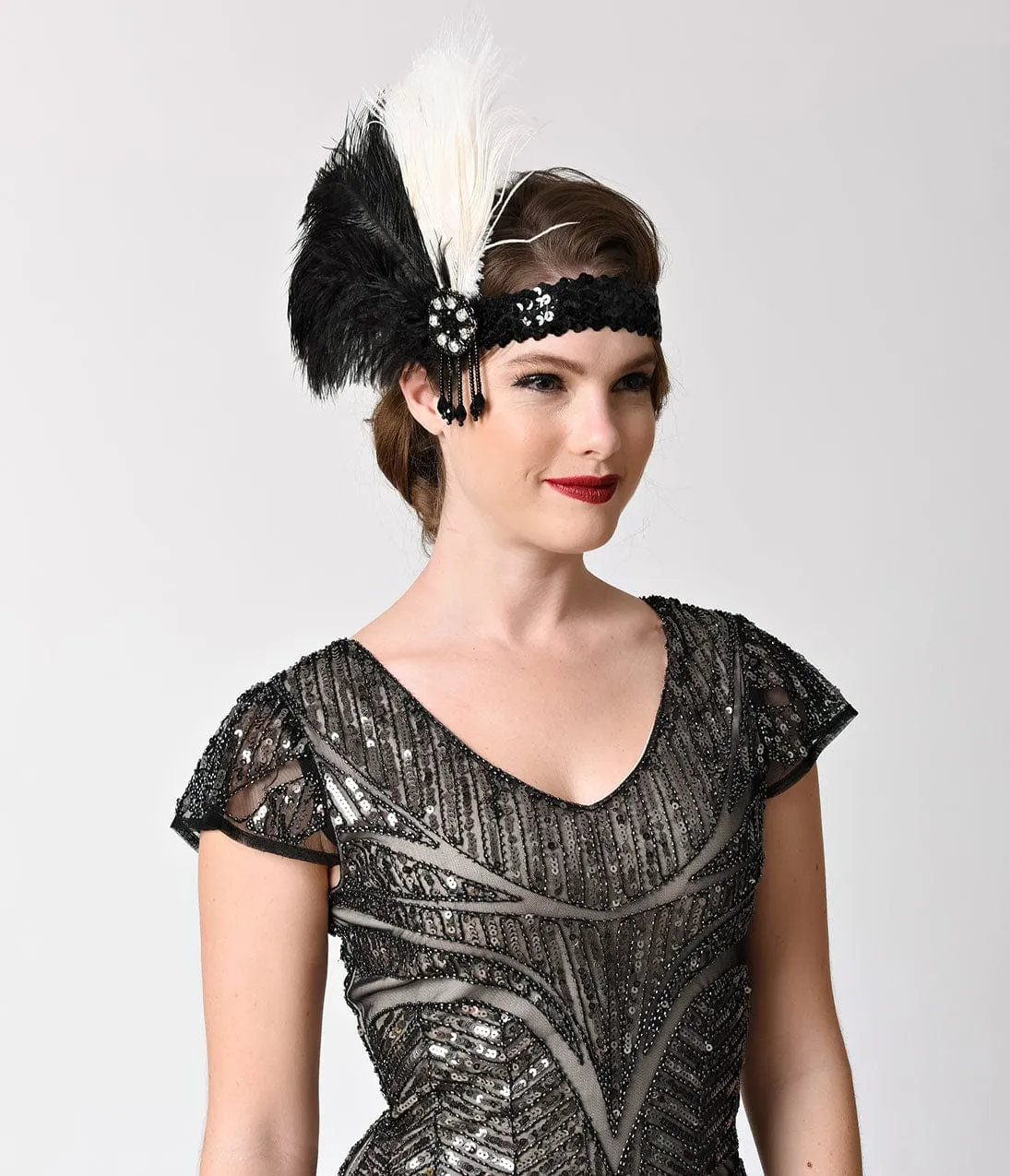 Unique Vintage 1920s Black Feather & Ivory Peacock Beaded Drop Headband sold by Unique Vintage