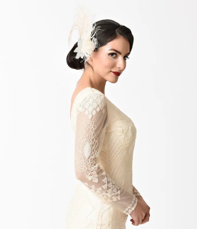 Unique Vintage 1920s Beige Peacock Feather & Rhinestone Embellishment Hair Clip sold by Unique Vintage