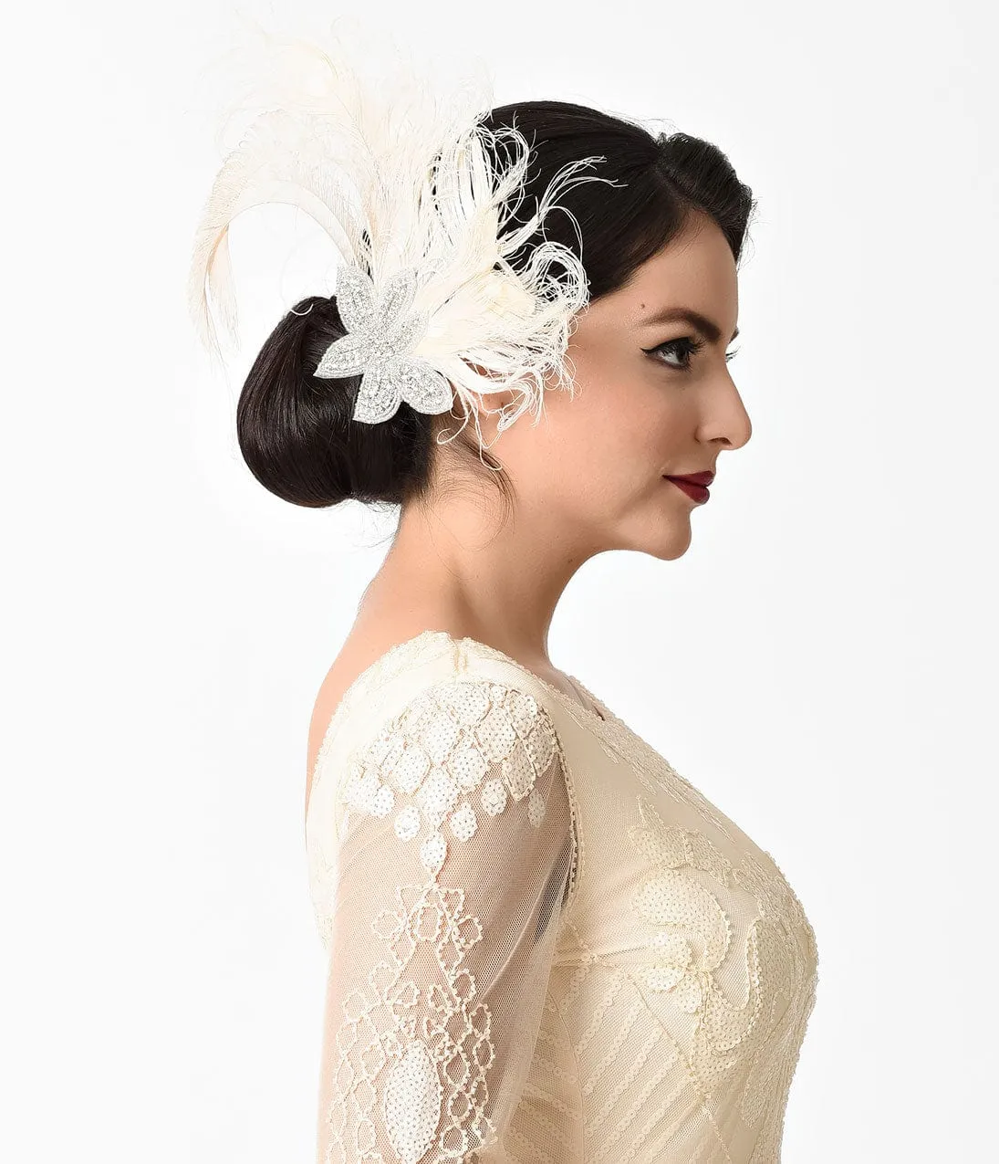 Unique Vintage 1920s Beige Peacock Feather & Rhinestone Embellishment Hair Clip sold by Unique Vintage product image thumbnail 2