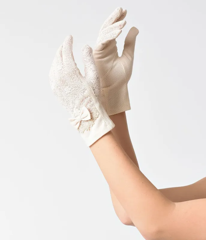Unique Vintage Antique Ivory & Fabric Bow Wrist Gloves sold by Unique Vintage