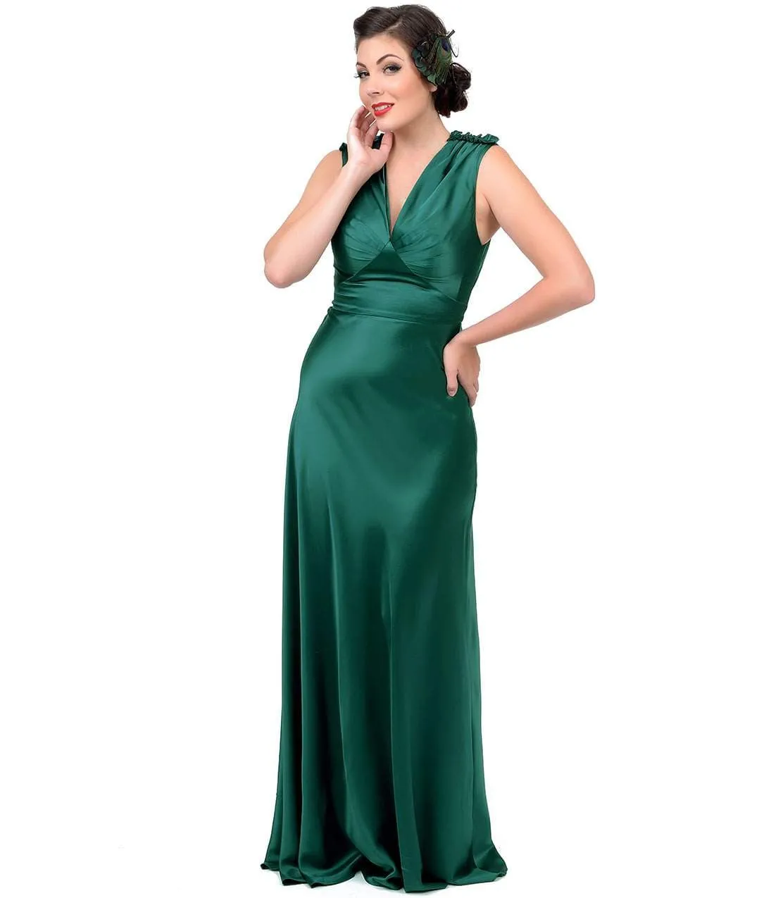 Unique Vintage 1930s Style Emerald Satin Harlow Gown sold by Unique Vintage product image thumbnail 5
