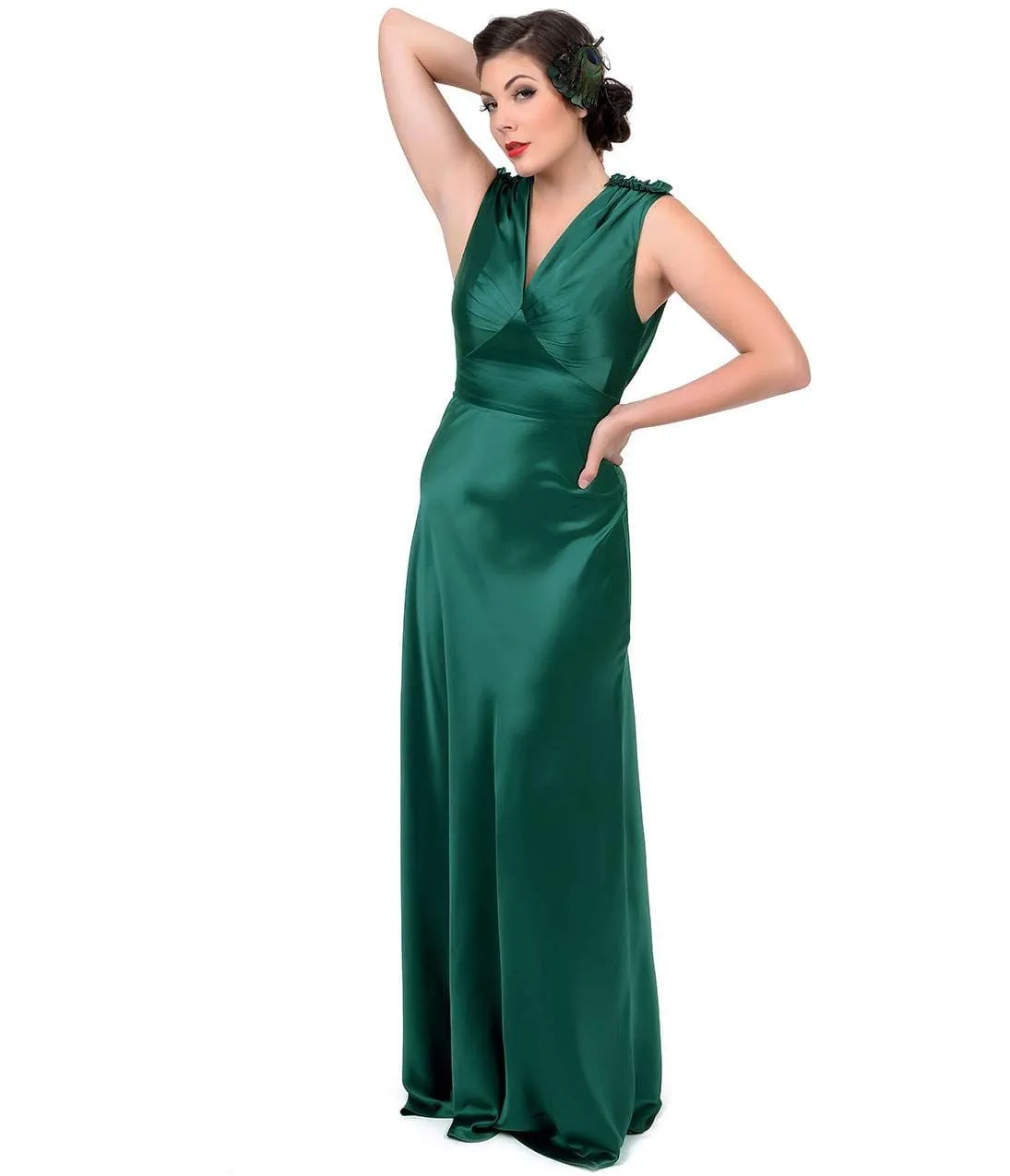 Unique Vintage 1930s Style Emerald Satin Harlow Gown sold by Unique Vintage product image thumbnail 2
