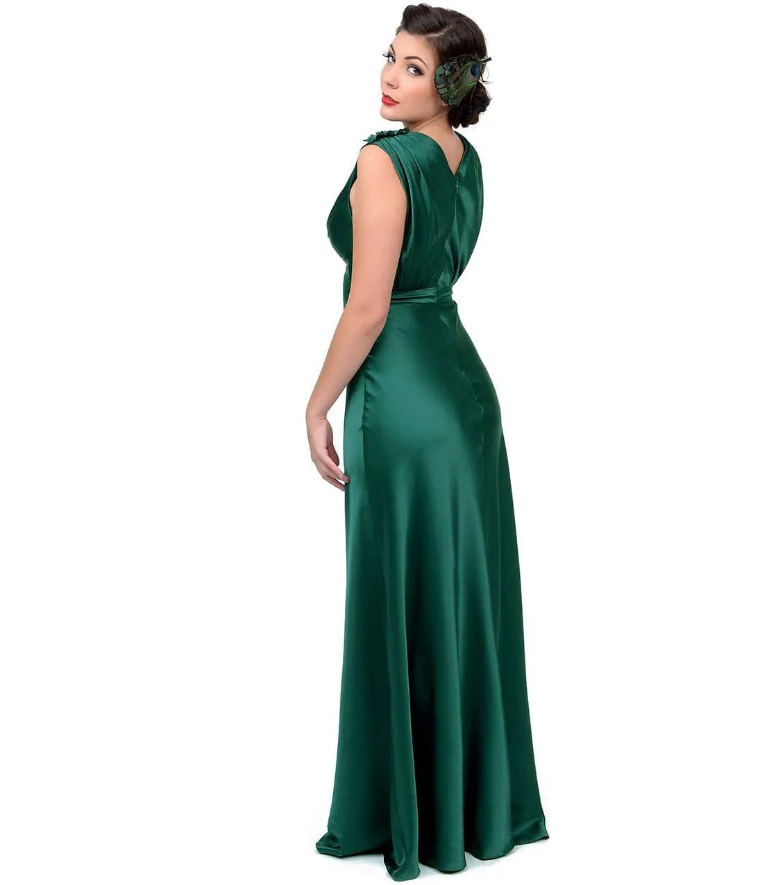 Unique Vintage 1930s Style Emerald Satin Harlow Gown sold by Unique Vintage product image thumbnail 4