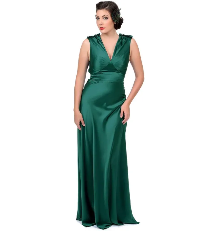 Unique Vintage 1930s Style Emerald Satin Harlow Gown made by Unique Vintage