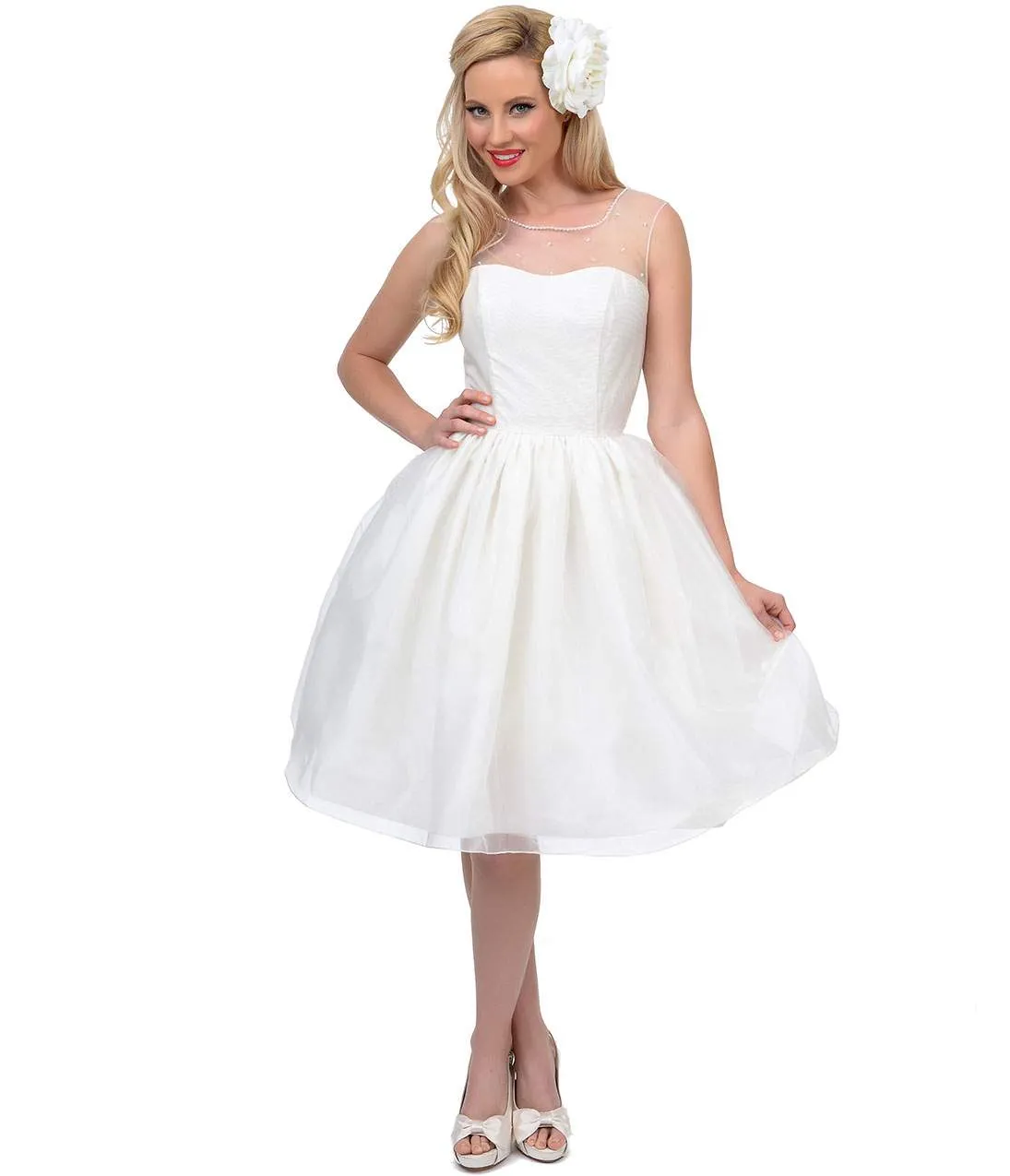 Unique Vintage 1950s Style Pearl Illusion Belle Wedding Dress sold by Unique Vintage