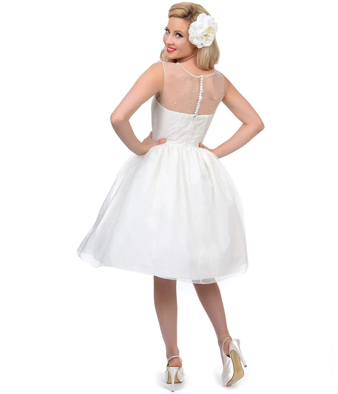 Unique Vintage 1950s Style Pearl Illusion Belle Wedding Dress sold by Unique Vintage product image thumbnail 5