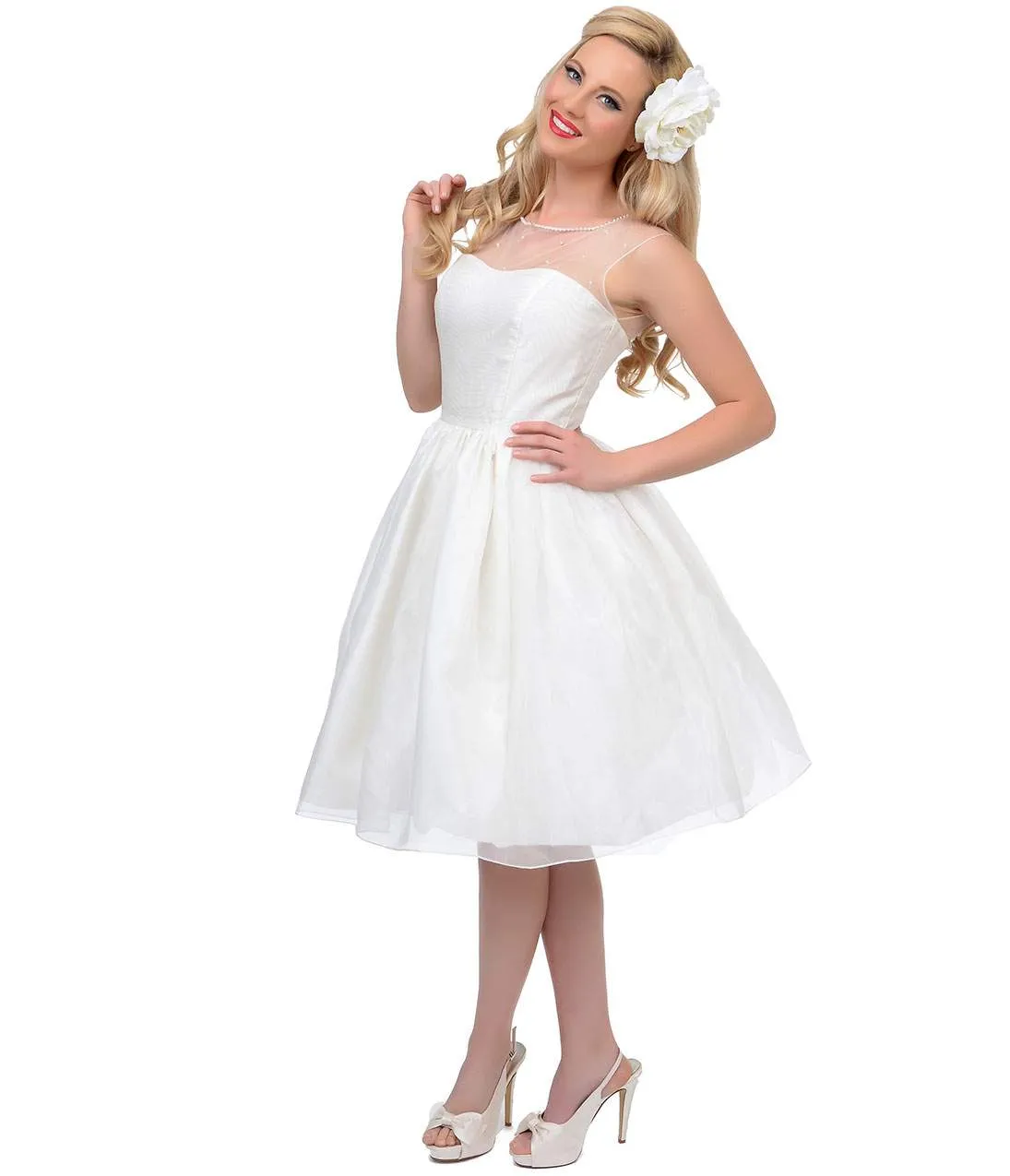 Unique Vintage 1950s Style Pearl Illusion Belle Wedding Dress sold by Unique Vintage product image thumbnail 3