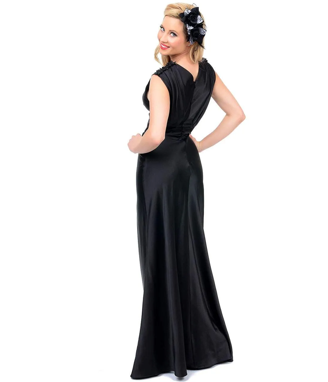 Unique Vintage 1930s Style Black Satin Harlow Gown sold by Unique Vintage product image thumbnail 4