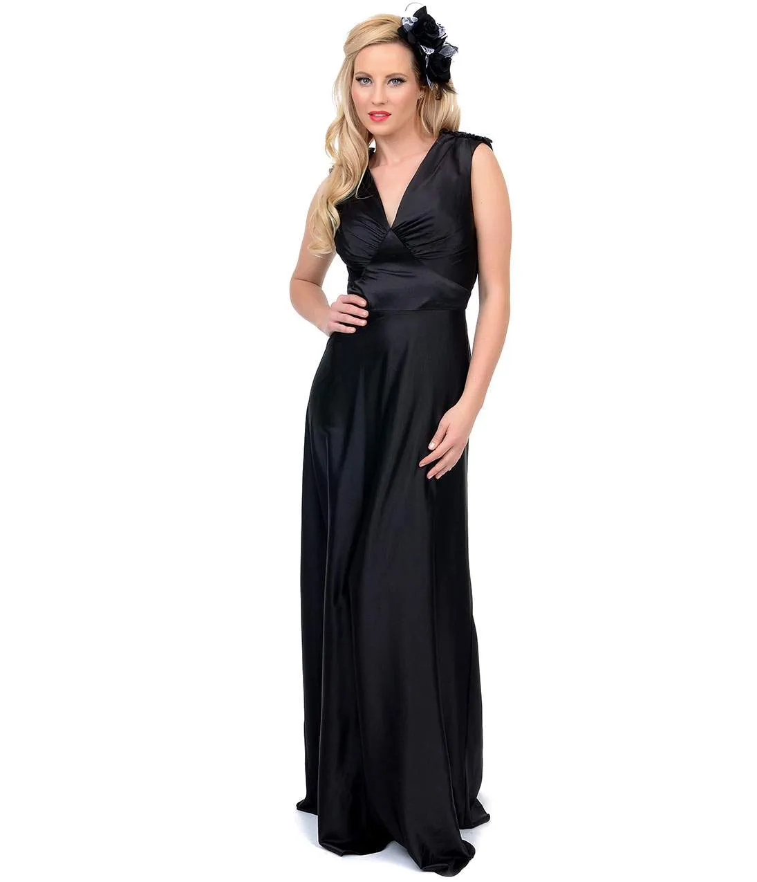Unique Vintage 1930s Style Black Satin Harlow Gown sold by Unique Vintage