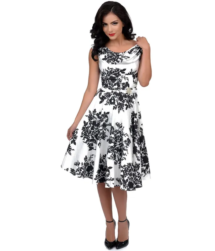 Unique Vintage Black & White Blanc! Noir! Fleur! Scoop Neck Belted Swing Dress made by Unique Vintage