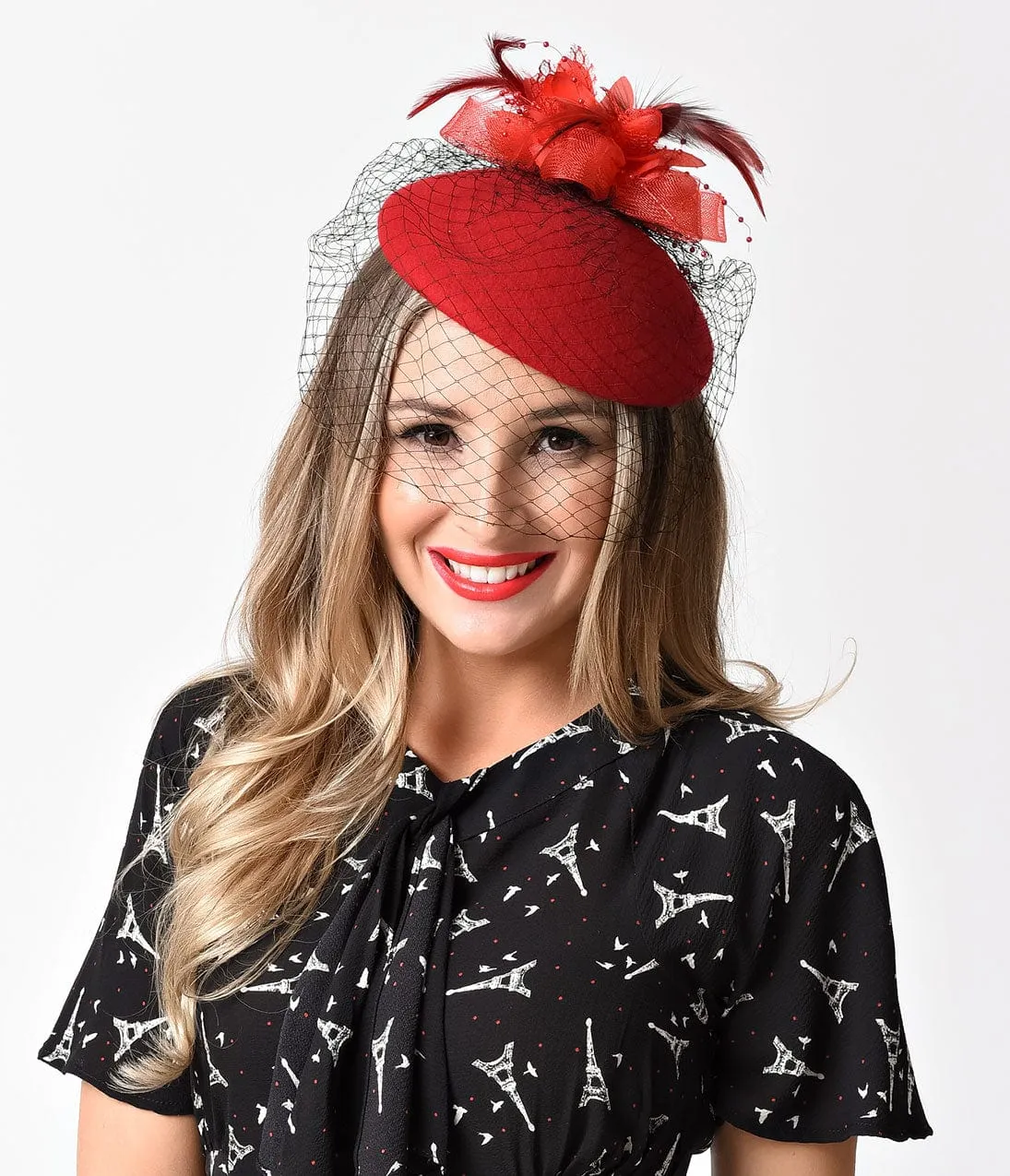 Unique Vintage Red Wool & Feathered Bow Netted Fascinator Hat sold by Unique Vintage product image thumbnail 2