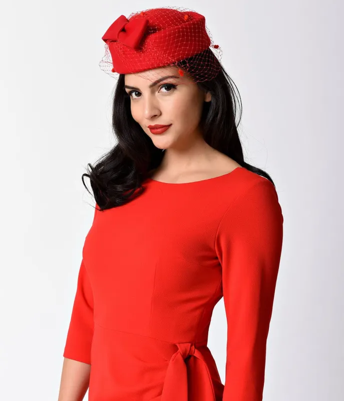 Unique Vintage Red Netted Bow Pill Box Hat sold by Unique Vintage