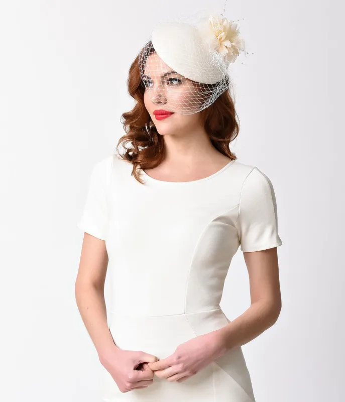 Unique Vintage Ivory Wool & Feathered Bow Netted Fascinator Hat sold by Unique Vintage