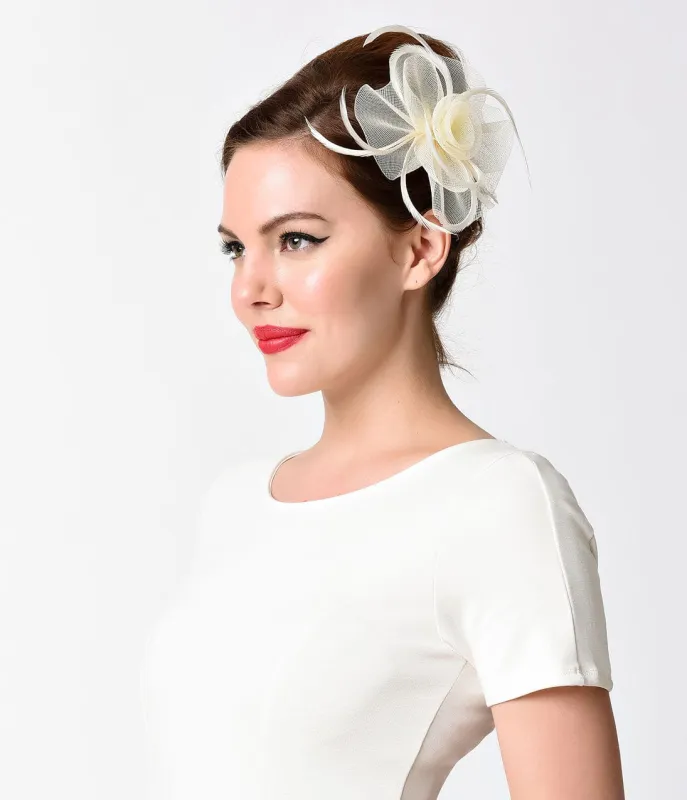 Unique Vintage Ivory Floral Sinamay & Feather Hair Clip sold by Unique Vintage