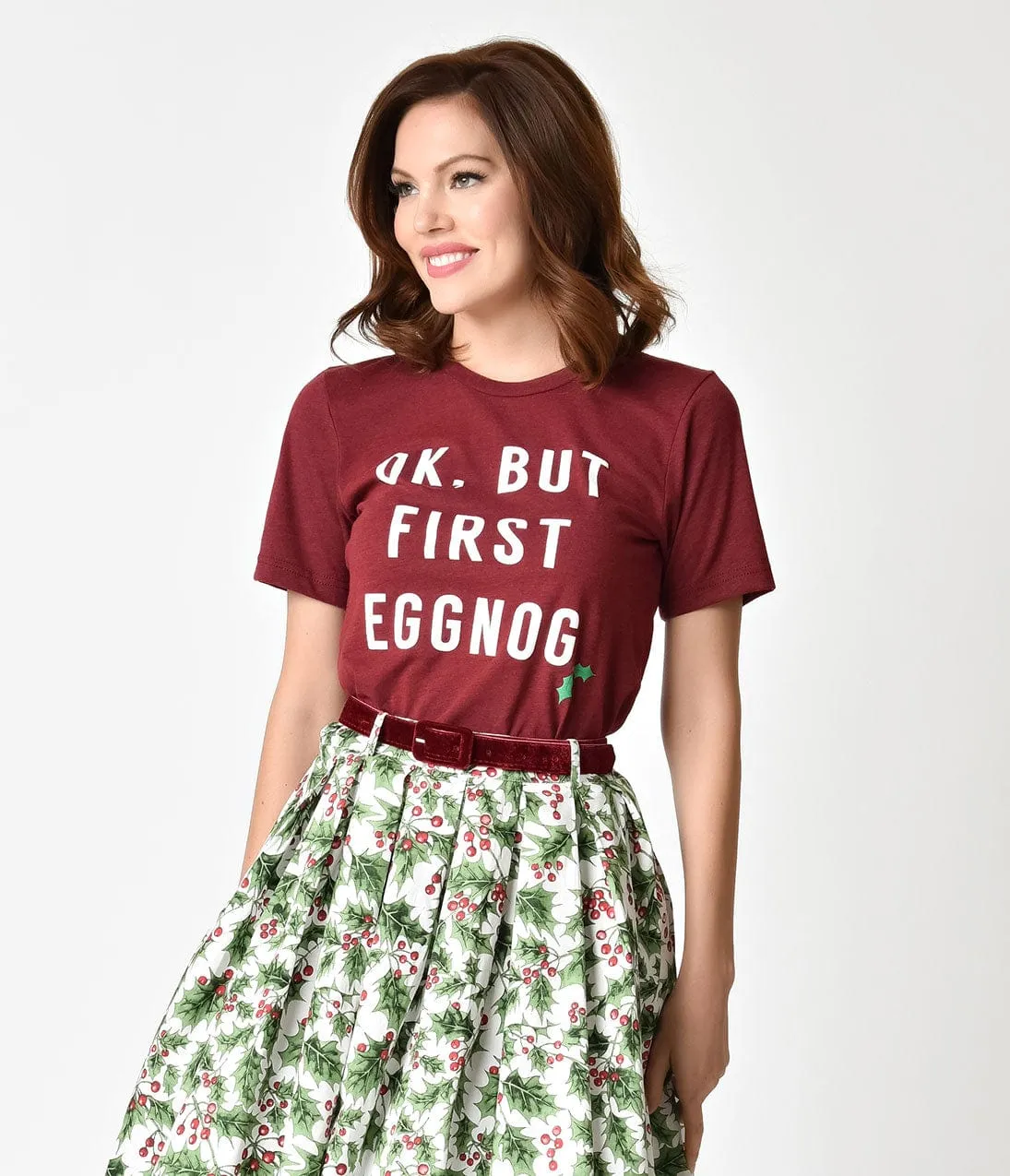 Unique Vintage Burgundy But First Eggnog Short Sleeve Unisex Tee sold by Unique Vintage product image thumbnail 3