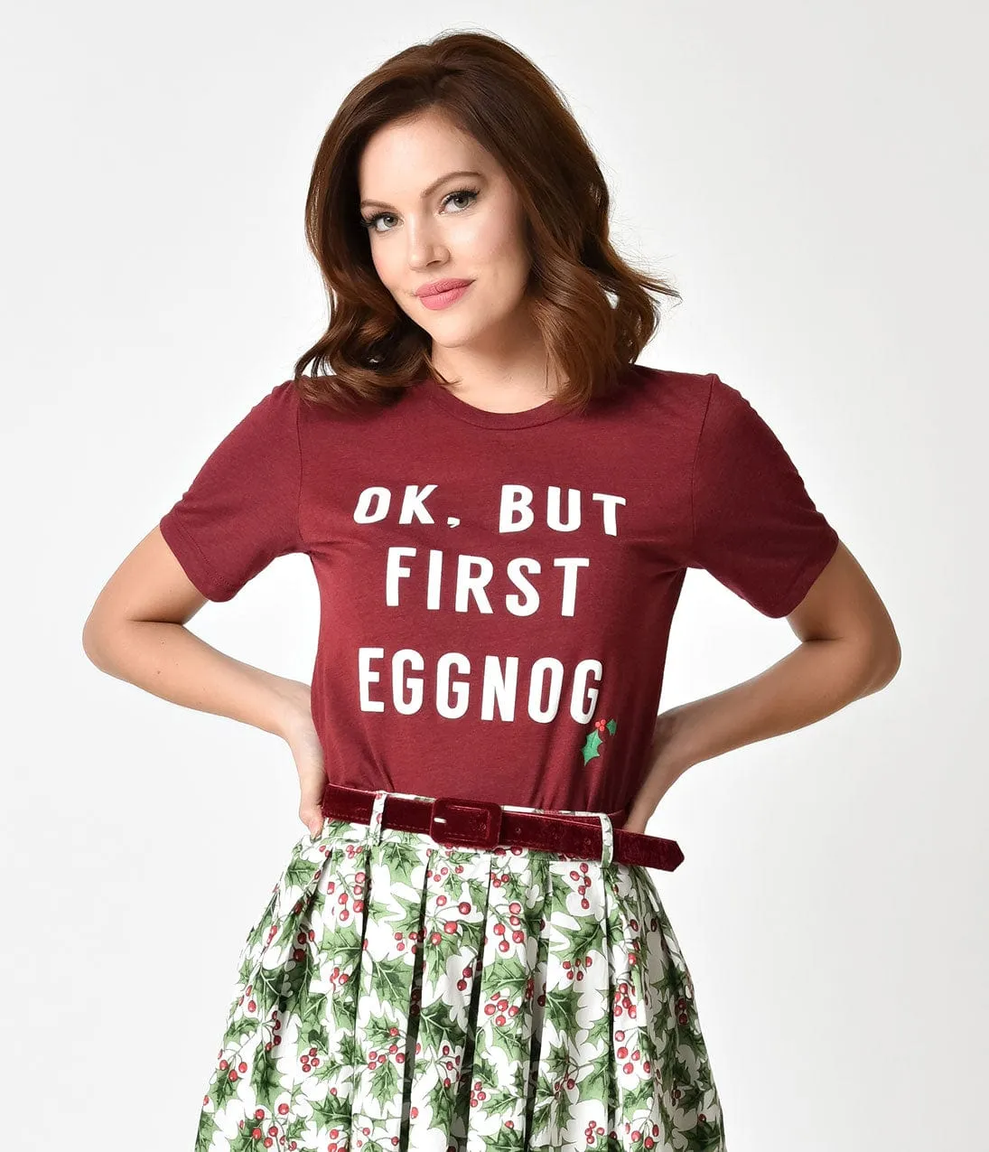 Unique Vintage Burgundy But First Eggnog Short Sleeve Unisex Tee sold by Unique Vintage