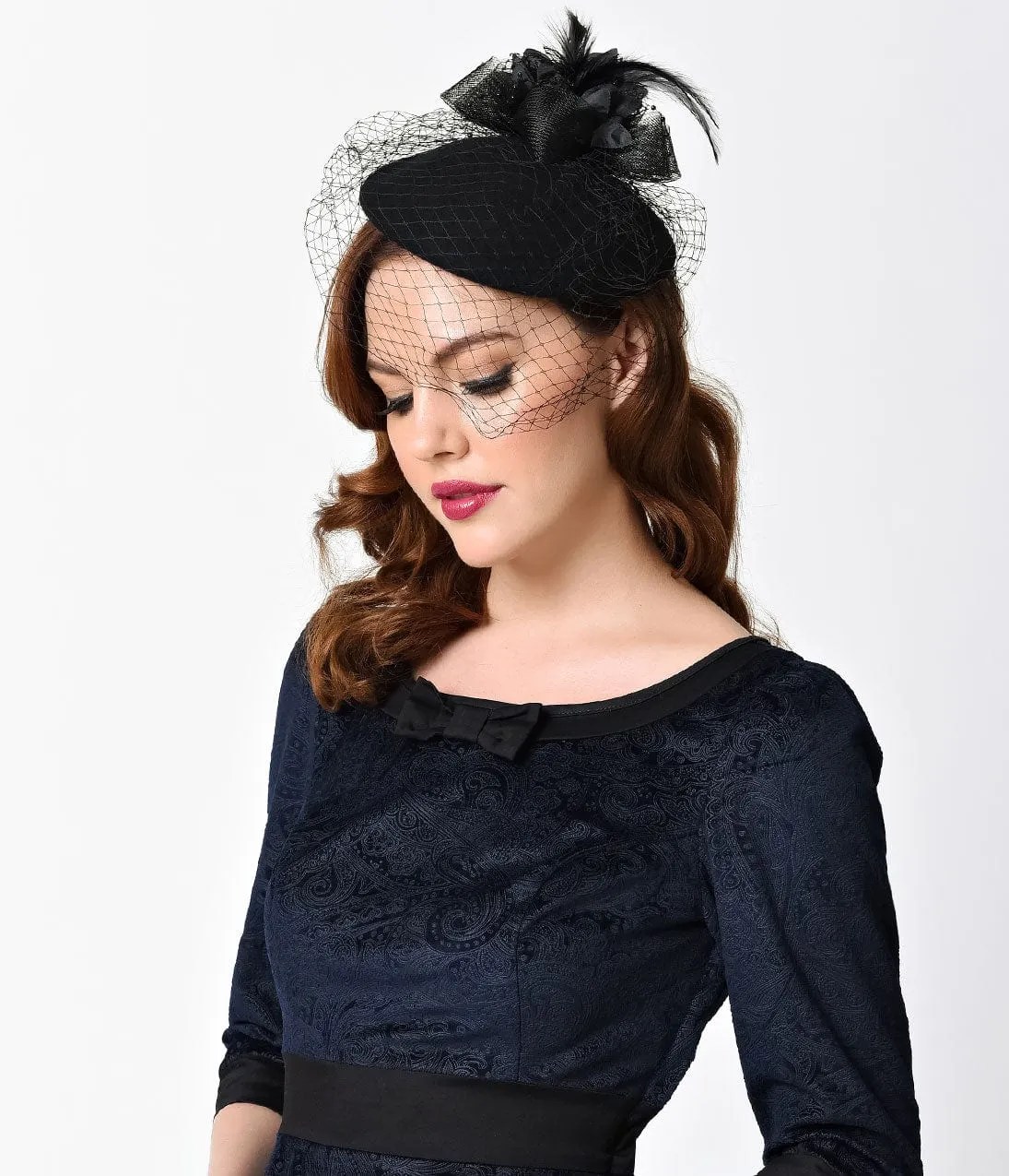 Unique Vintage Black Wool & Feathered Bow Netted Fascinator Hat sold by Unique Vintage