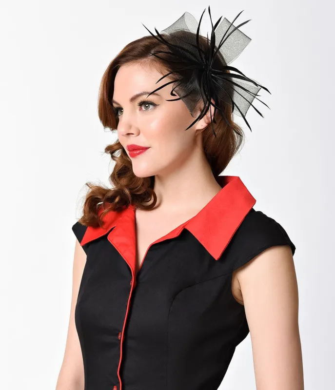 Unique Vintage Black Sinamay Bow & Feather Fascinator Clip sold by Unique Vintage