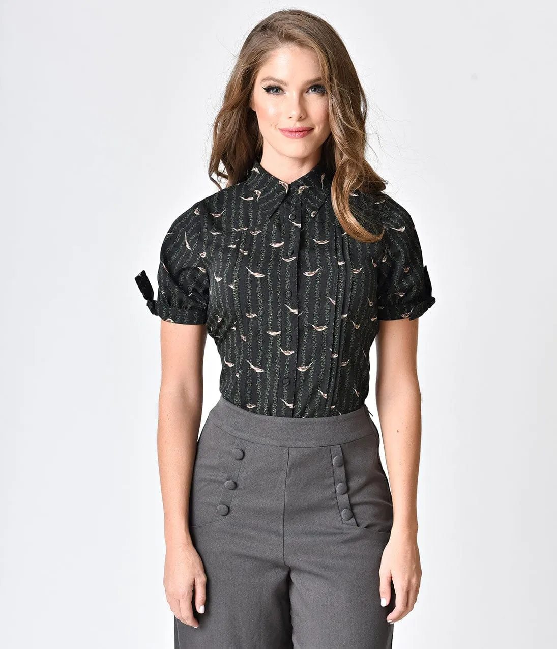 Unique Vintage Black Sleeved Birds On The Vine Button Up Colvin Blouse sold by Unique Vintage product image thumbnail 2