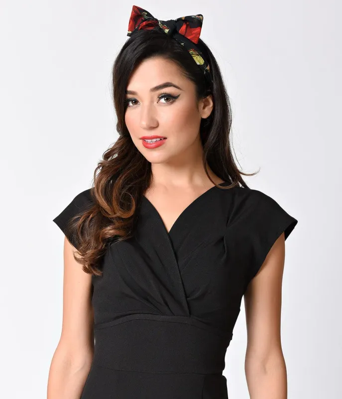 Unique Vintage Retro Pin-Up Black & Red Rose Chiffon Hair Scarf made by Unique Vintage