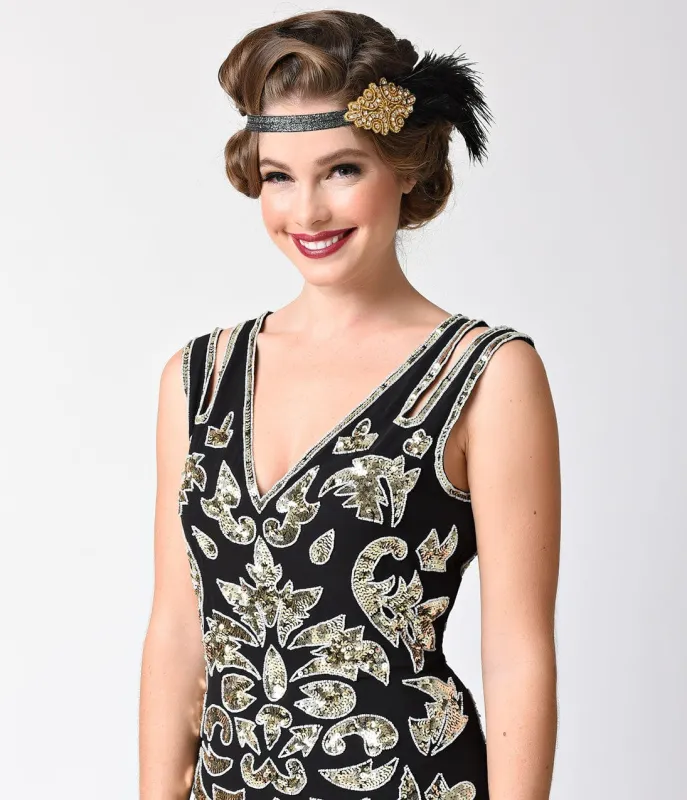 Unique Vintage Black & Gold Deco Beaded Feather Headband sold by Unique Vintage