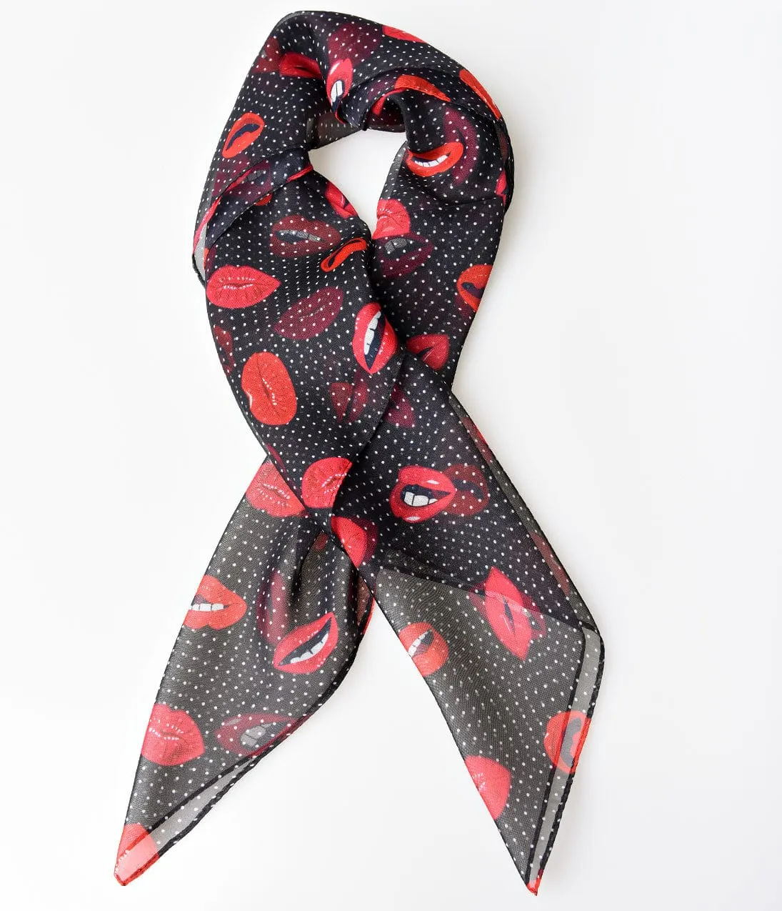 Unique Vintage Pin-Up Black & Dotted Lip Print Chiffon Hair Scarf sold by Unique Vintage product image thumbnail 2