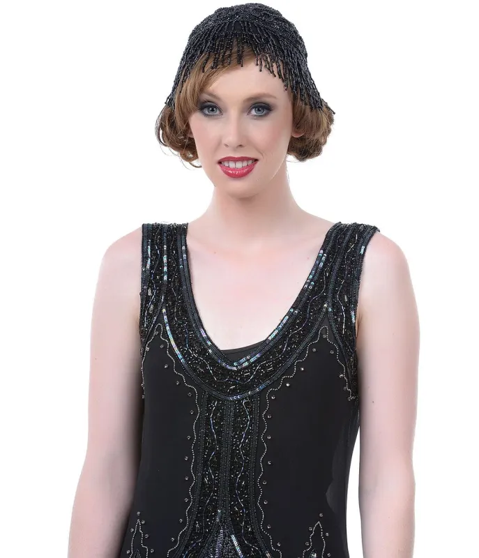 1920s Black Hand Beaded Flapper Cap sold by Unique Vintage