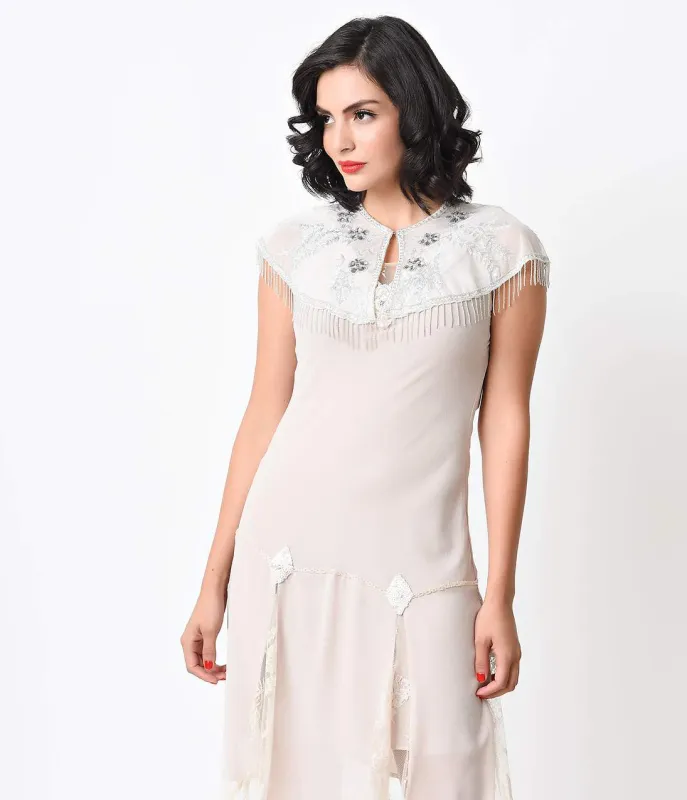 Unique Vintage 1920s Style Silver & White Floral Beaded Shoulder Capelet made by Unique Vintage