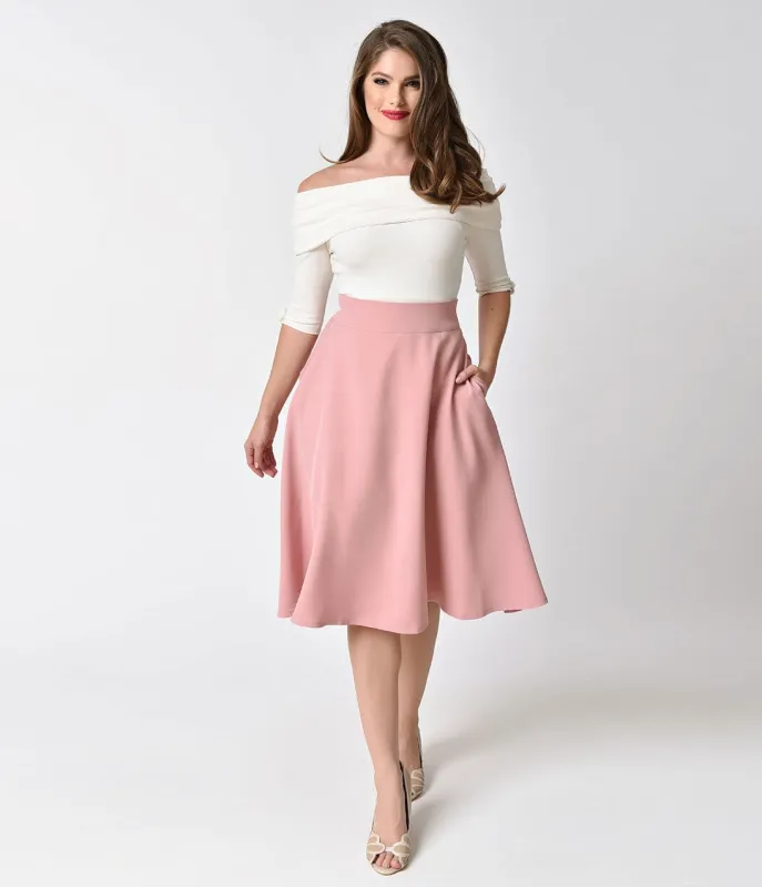 Unique Vintage Retro Style Rose Pink High Waist Vivien Swing Skirt made by Unique Vintage