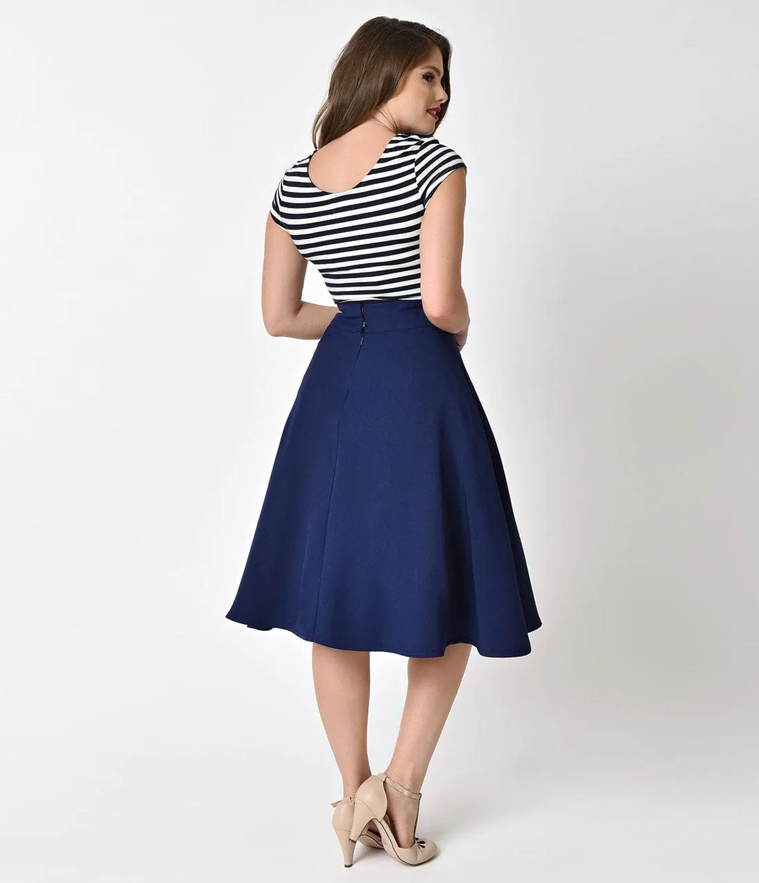 Unique Vintage Retro Style Navy Blue High Waist Vivien Swing Skirt sold by Unique Vintage product image thumbnail 4