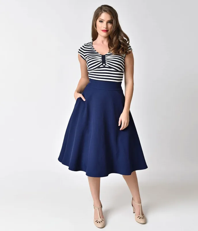 Unique Vintage Retro Style Navy Blue High Waist Vivien Swing Skirt made by Unique Vintage