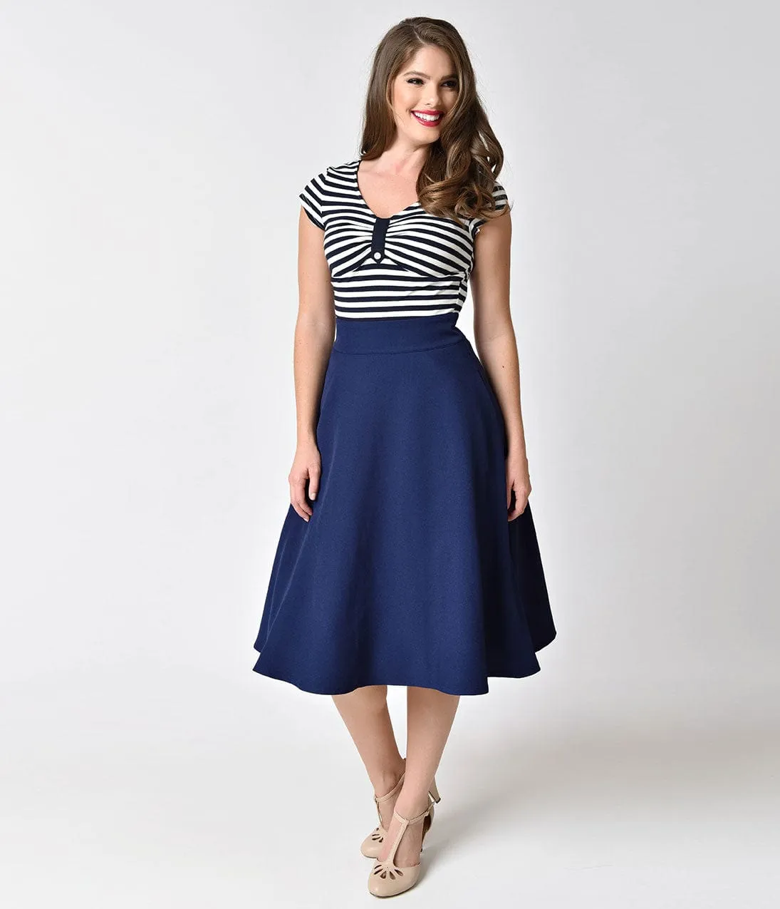 Unique Vintage Retro Style Navy Blue High Waist Vivien Swing Skirt sold by Unique Vintage product image thumbnail 5