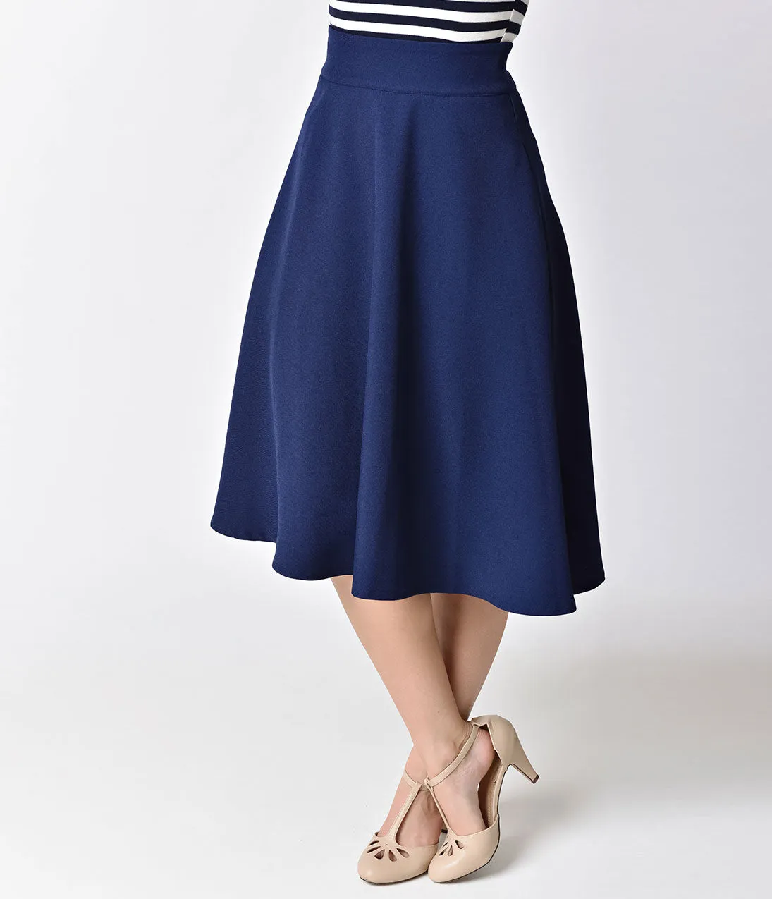 Unique Vintage Retro Style Navy Blue High Waist Vivien Swing Skirt sold by Unique Vintage product image thumbnail 2